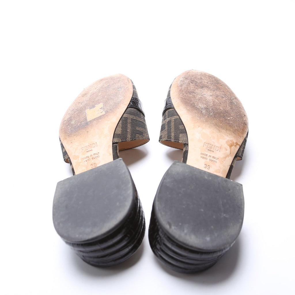 Fendi Promenade FF Zucca Mules Size 39 Brown