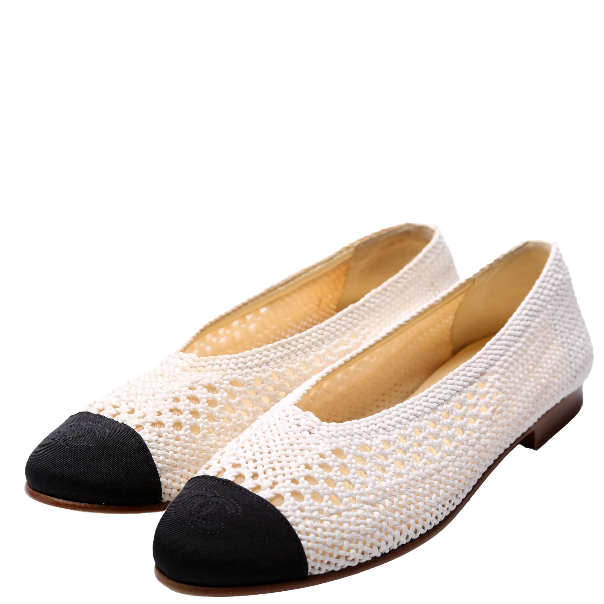 Crochet Cap Toe Ballet Flats Size 36.5 White/Black