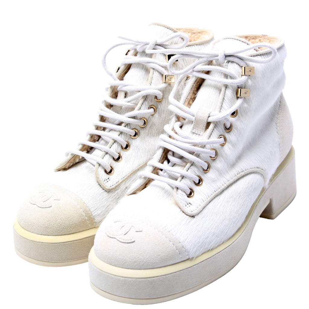 Pony Hair Lace Up Combat Boots Size 37.5 White