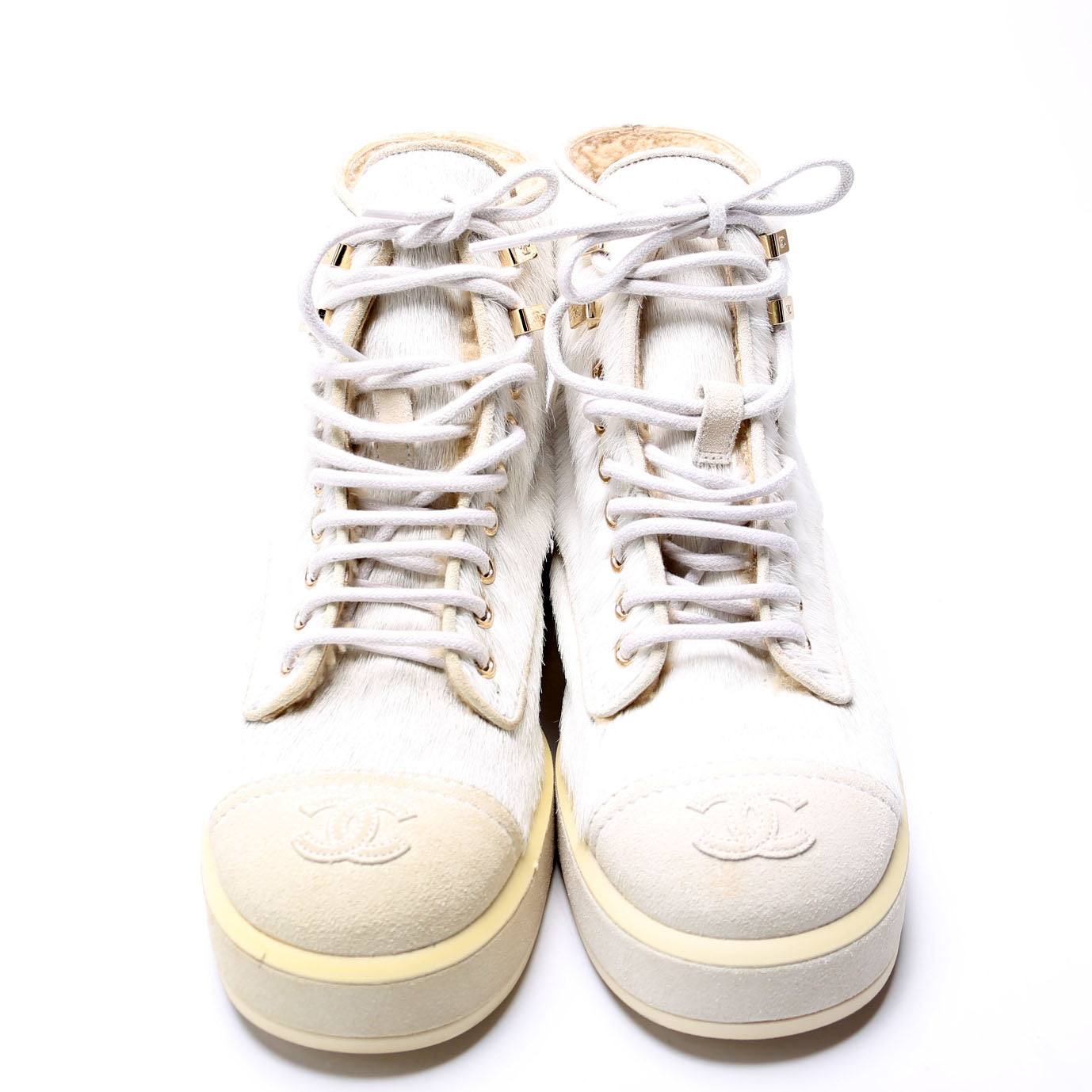 Pony Hair Lace Up Combat Boots Size 37.5 White
