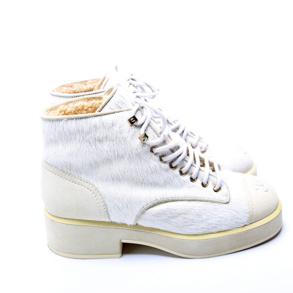 Pony Hair Lace Up Combat Boots Size 37.5 White