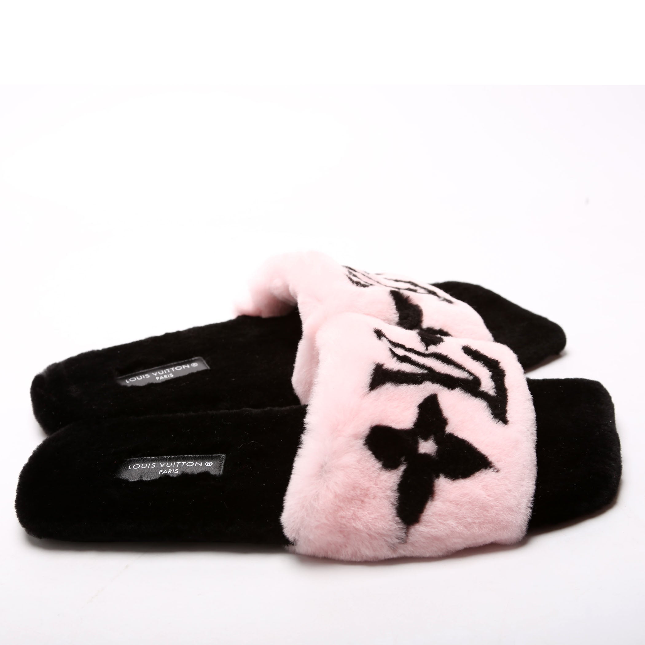Fay Flat Mules Mink Fur Size 39 Black/Pink