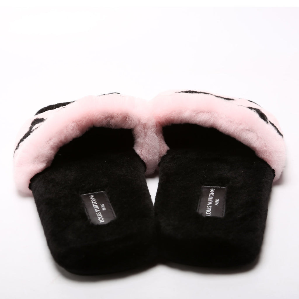 Fay Flat Mules Mink Fur Size 39 Black/Pink