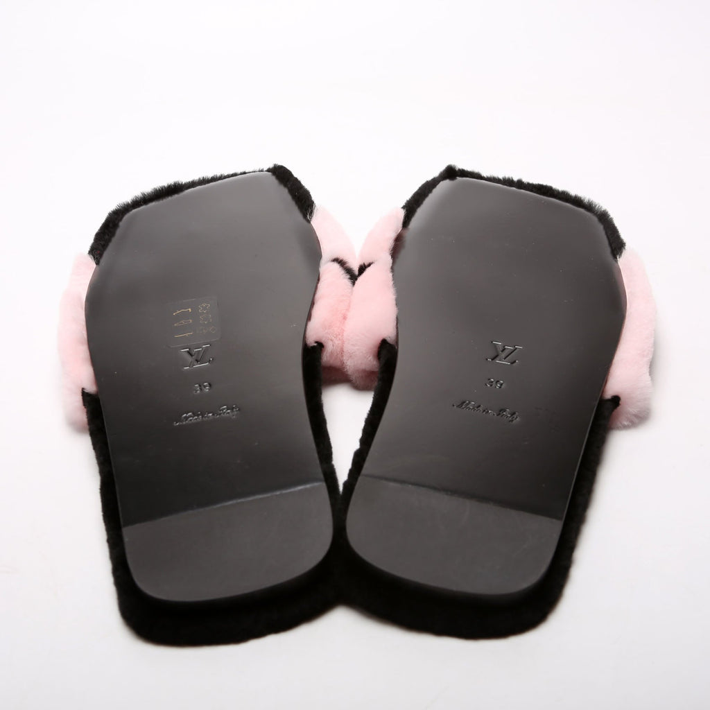 Fay Flat Mules Mink Fur Size 39 Black/Pink