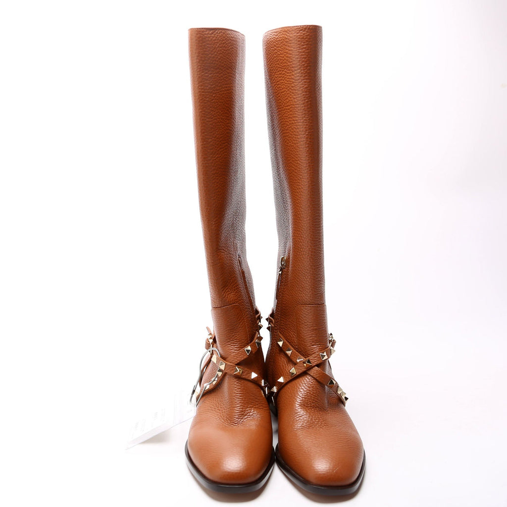 Rockstud Knee High Flat Boots Size 39.5 Brown