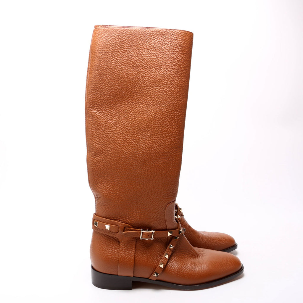 Rockstud Knee High Flat Boots Size 39.5 Brown