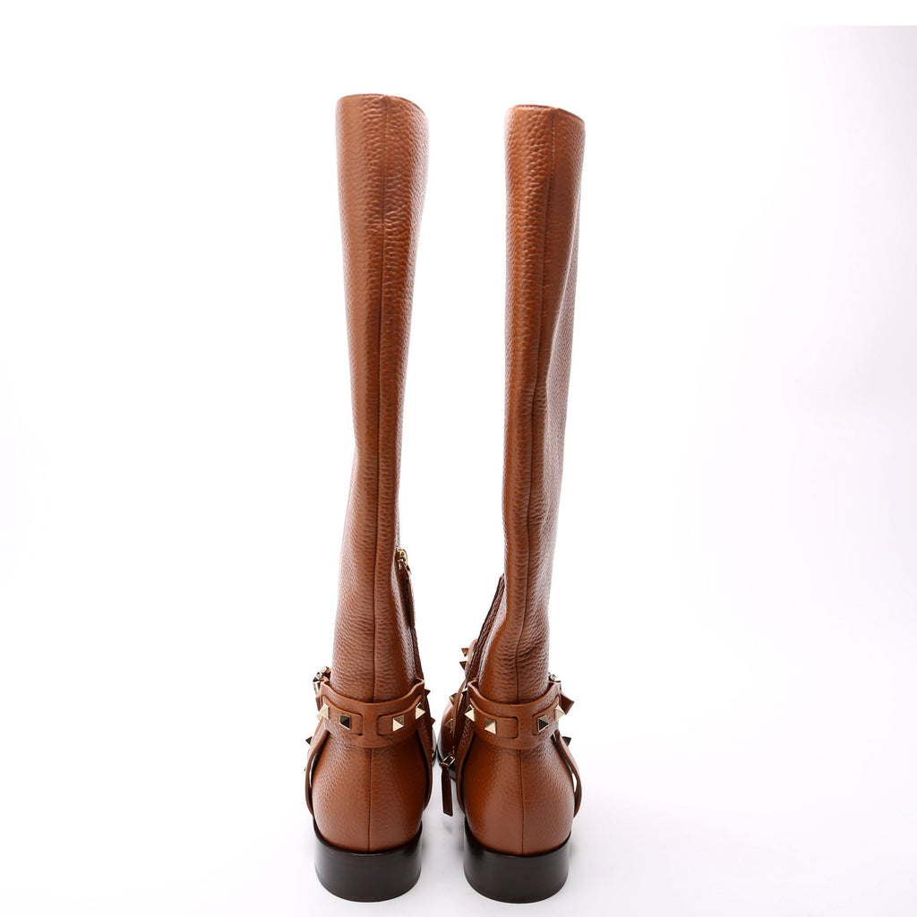 Rockstud Knee High Flat Boots Size 39.5 Brown