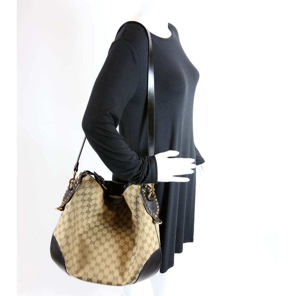 296870 GG Canvas Studded Patti Hobo Brown