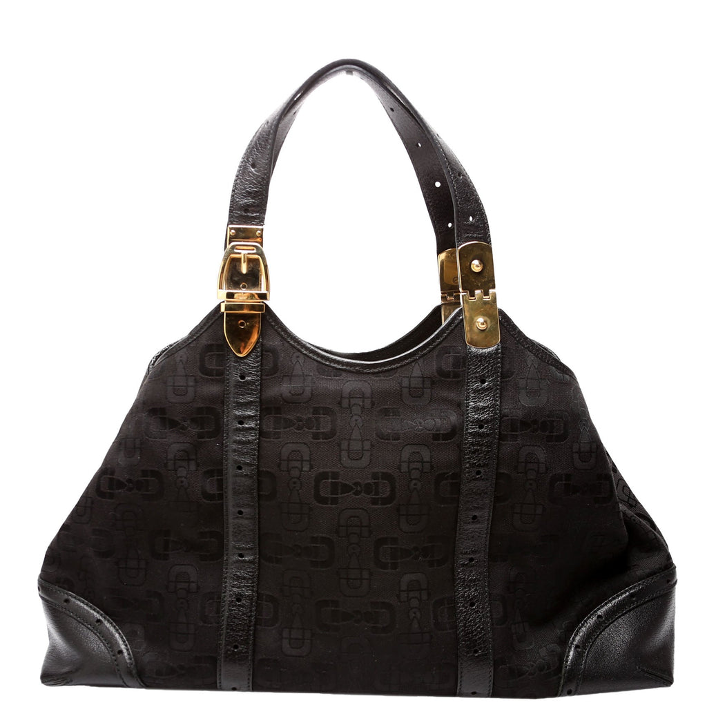 Gucci 145769 Horsebit Canvas/Leather Shoulder Bag Black
