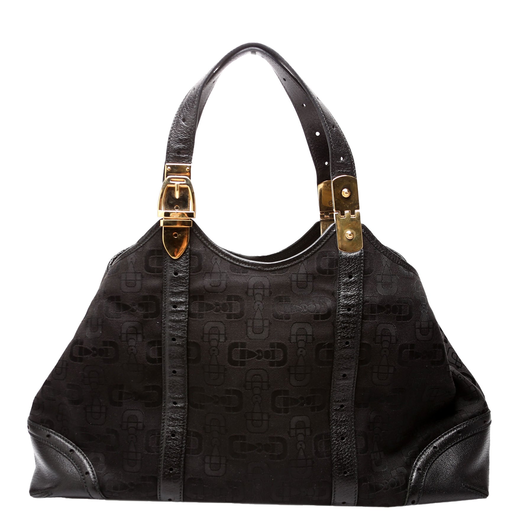 Gucci 145769 Horsebit Canvas/Leather Shoulder Bag Black