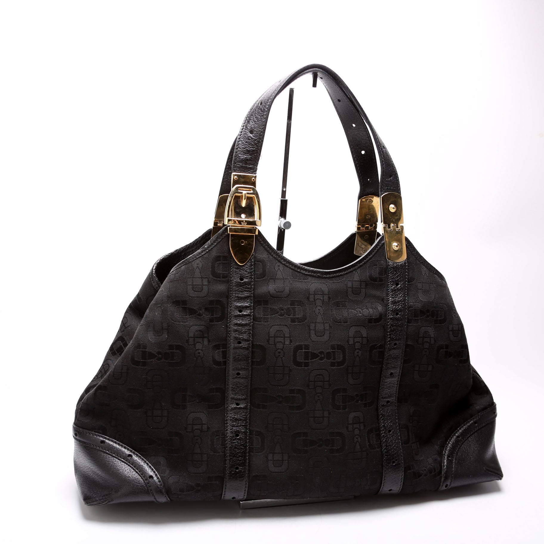 Gucci 145769 Horsebit Canvas/Leather Shoulder Bag Black