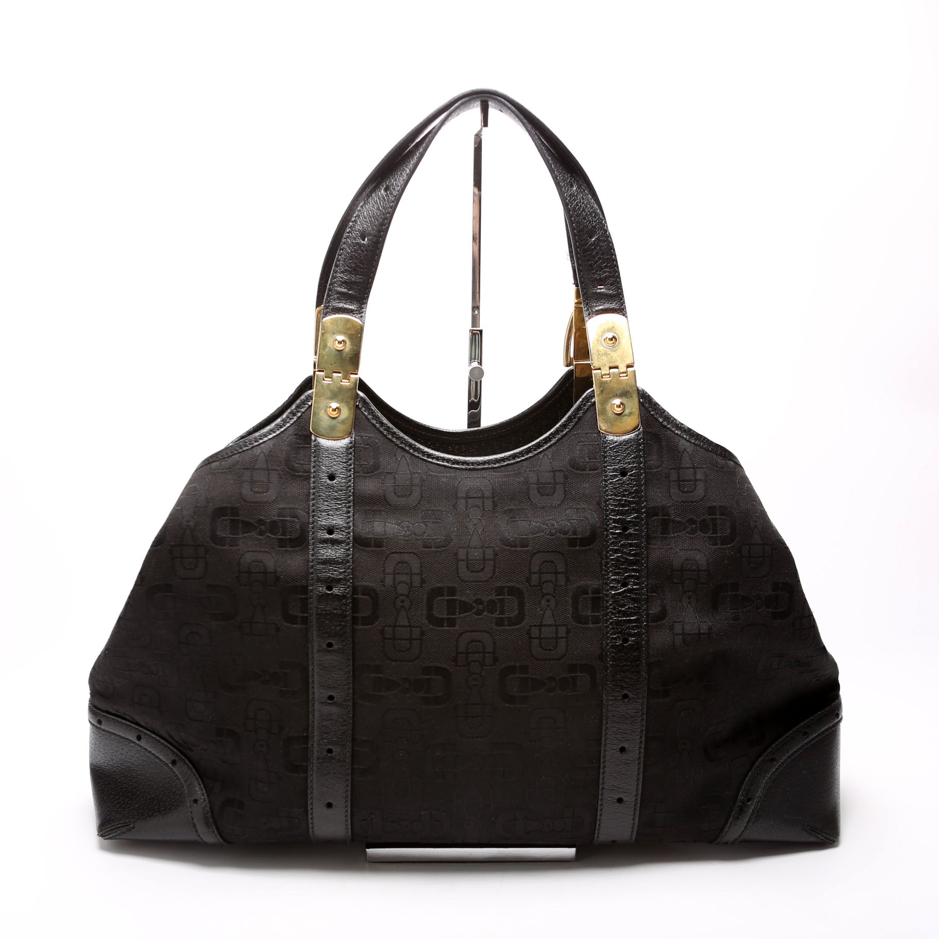 Gucci 145769 Horsebit Canvas/Leather Shoulder Bag Black