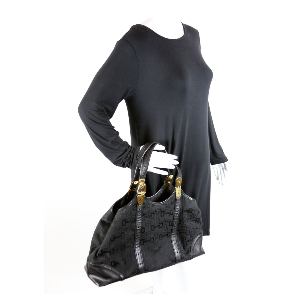 Gucci 145769 Horsebit Canvas/Leather Shoulder Bag Black