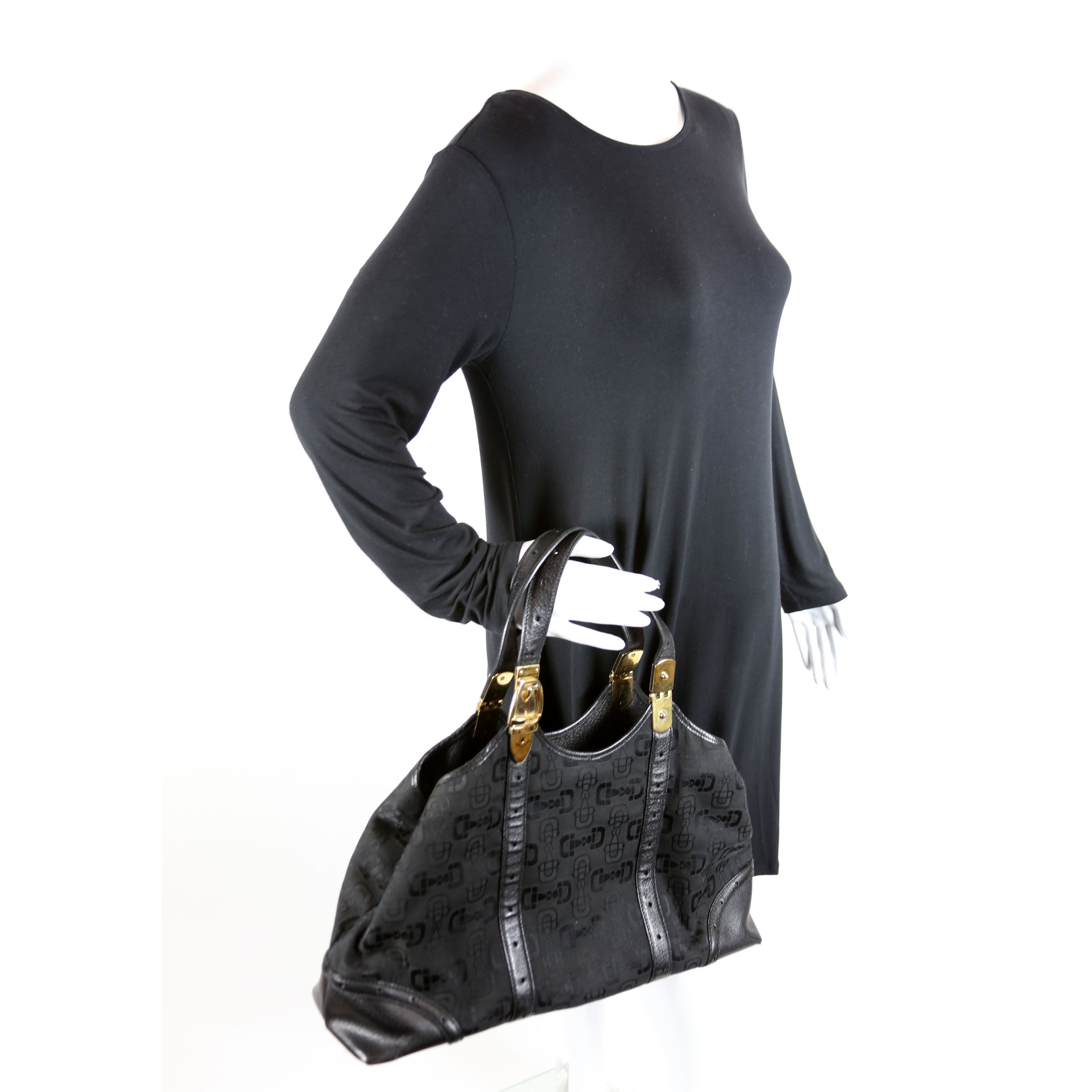 Gucci 145769 Horsebit Canvas/Leather Shoulder Bag Black
