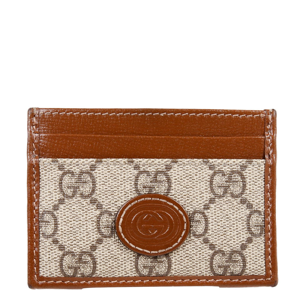 673002 GG Supreme Interlocking Card Holder Tan/Brown