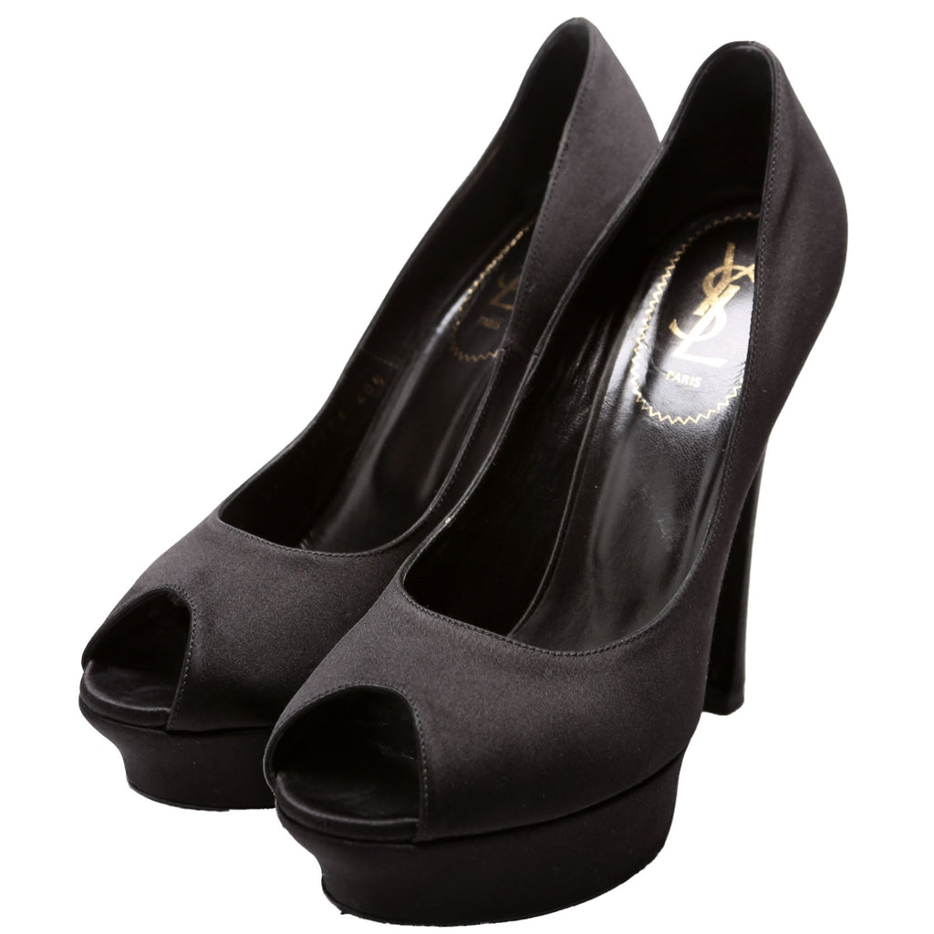 SAINT LAURENT Satin Platform Open-Toe Pumps Size 40.5 Black