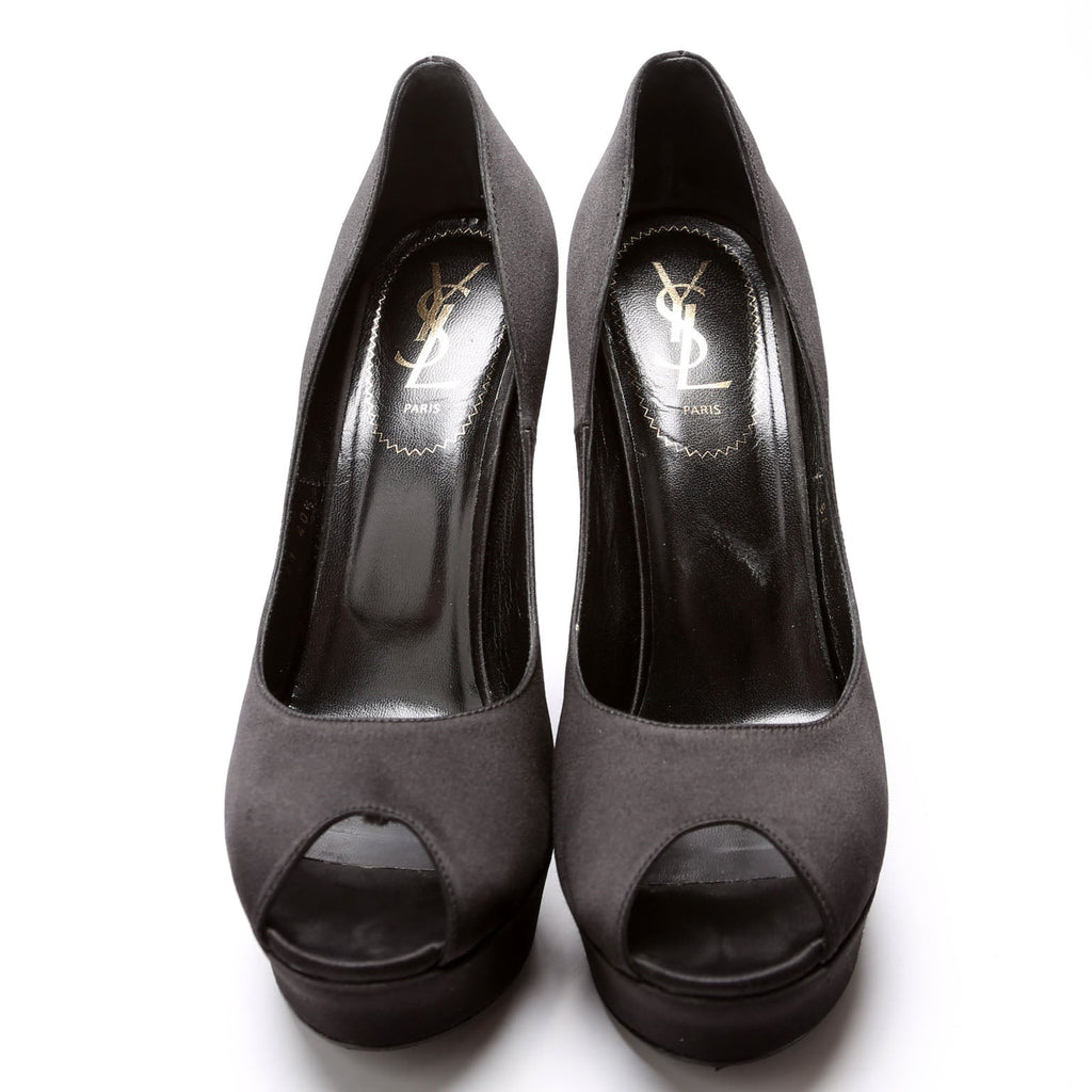 SAINT LAURENT Satin Platform Open-Toe Pumps Size 40.5 Black