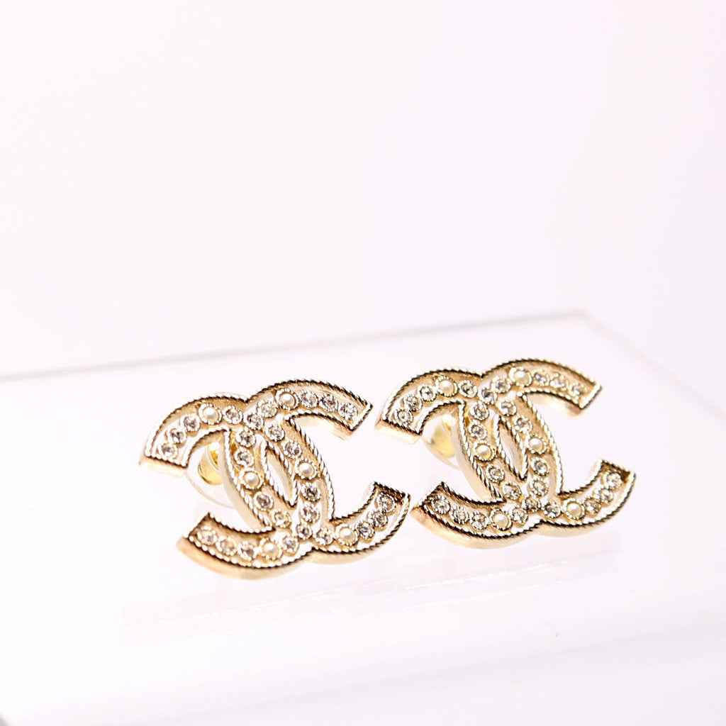 Crystal CC Stud Earrings Gold/Pearl
