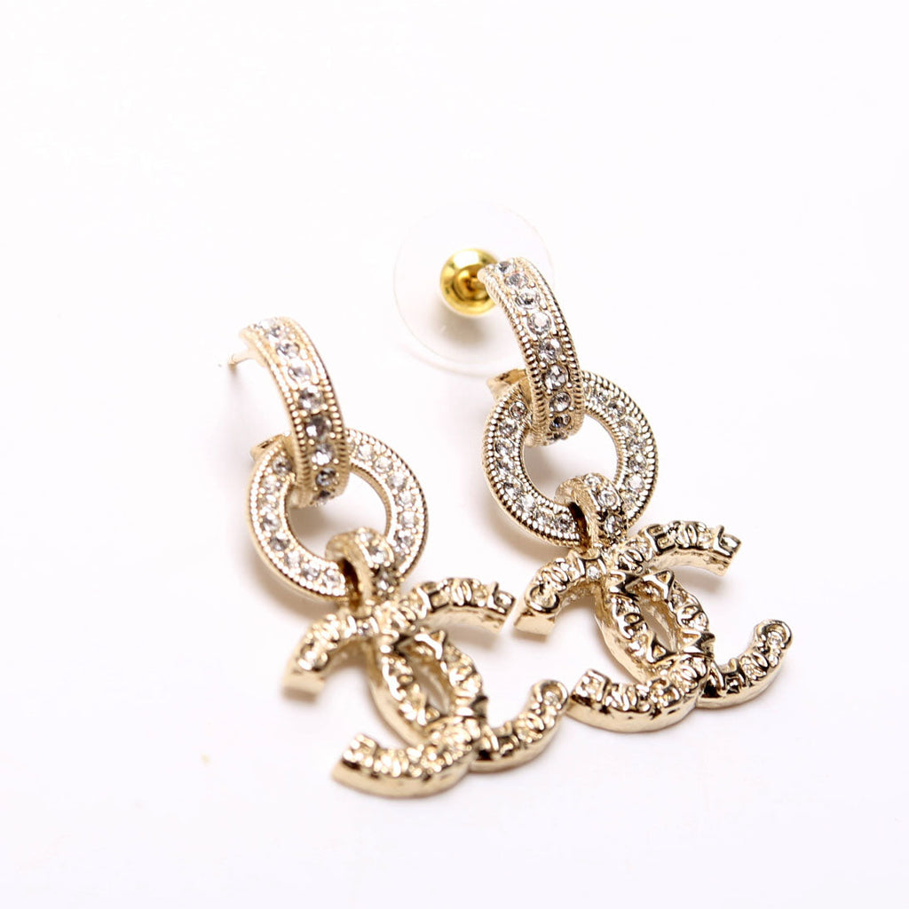 Crystal CC Hoop Drop Earrings Champagne