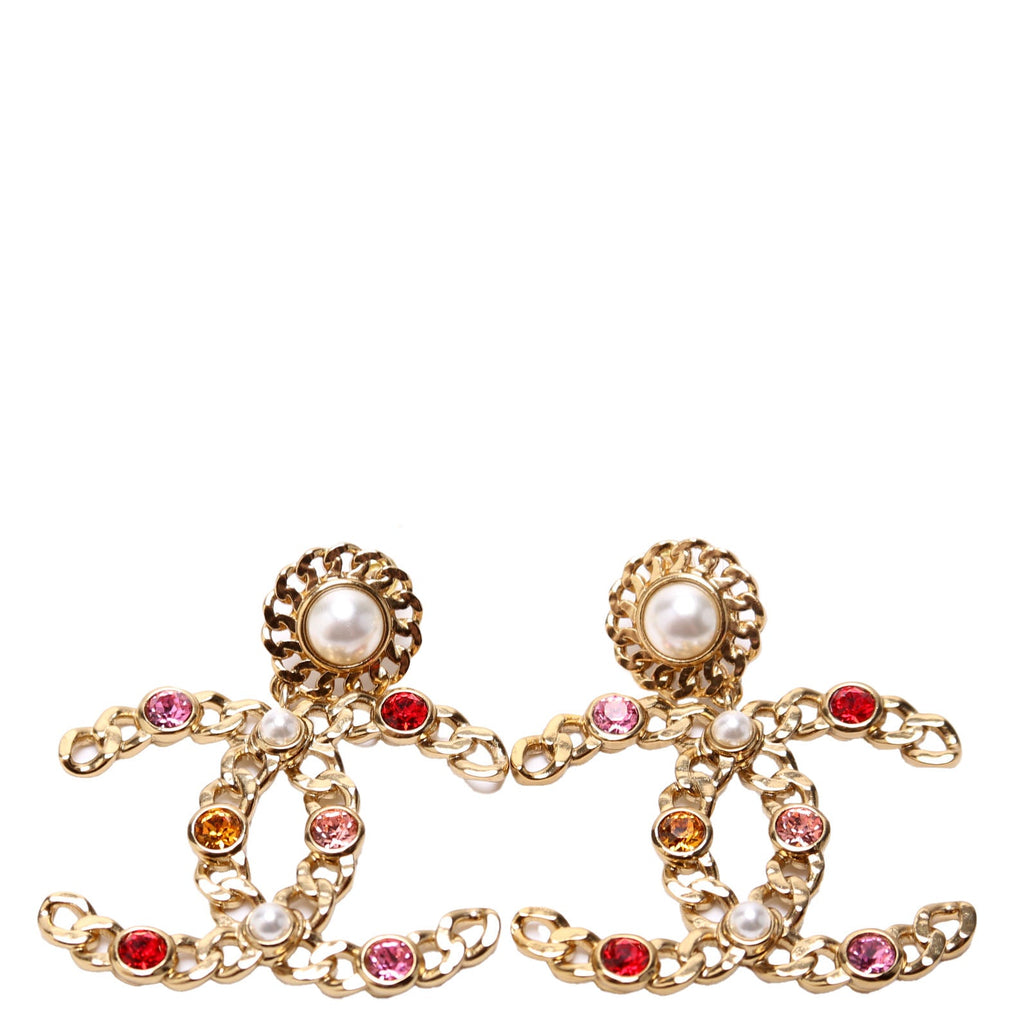 Pearl Crystal Chain Link CC Drop Earrings Gold/Multicolor