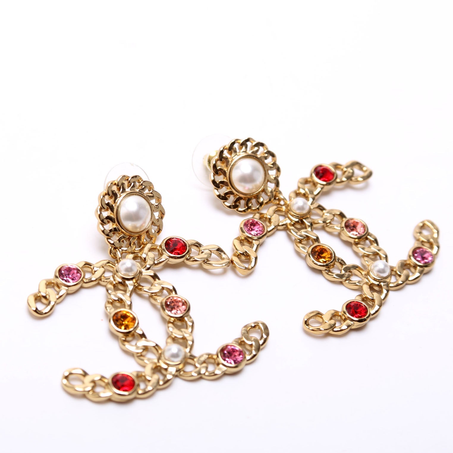 Pearl Crystal Chain Link CC Drop Earrings Gold/Multicolor