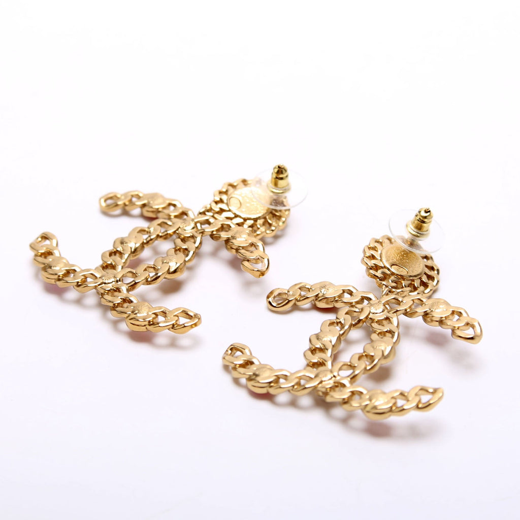 Pearl Crystal Chain Link CC Drop Earrings Gold/Multicolor