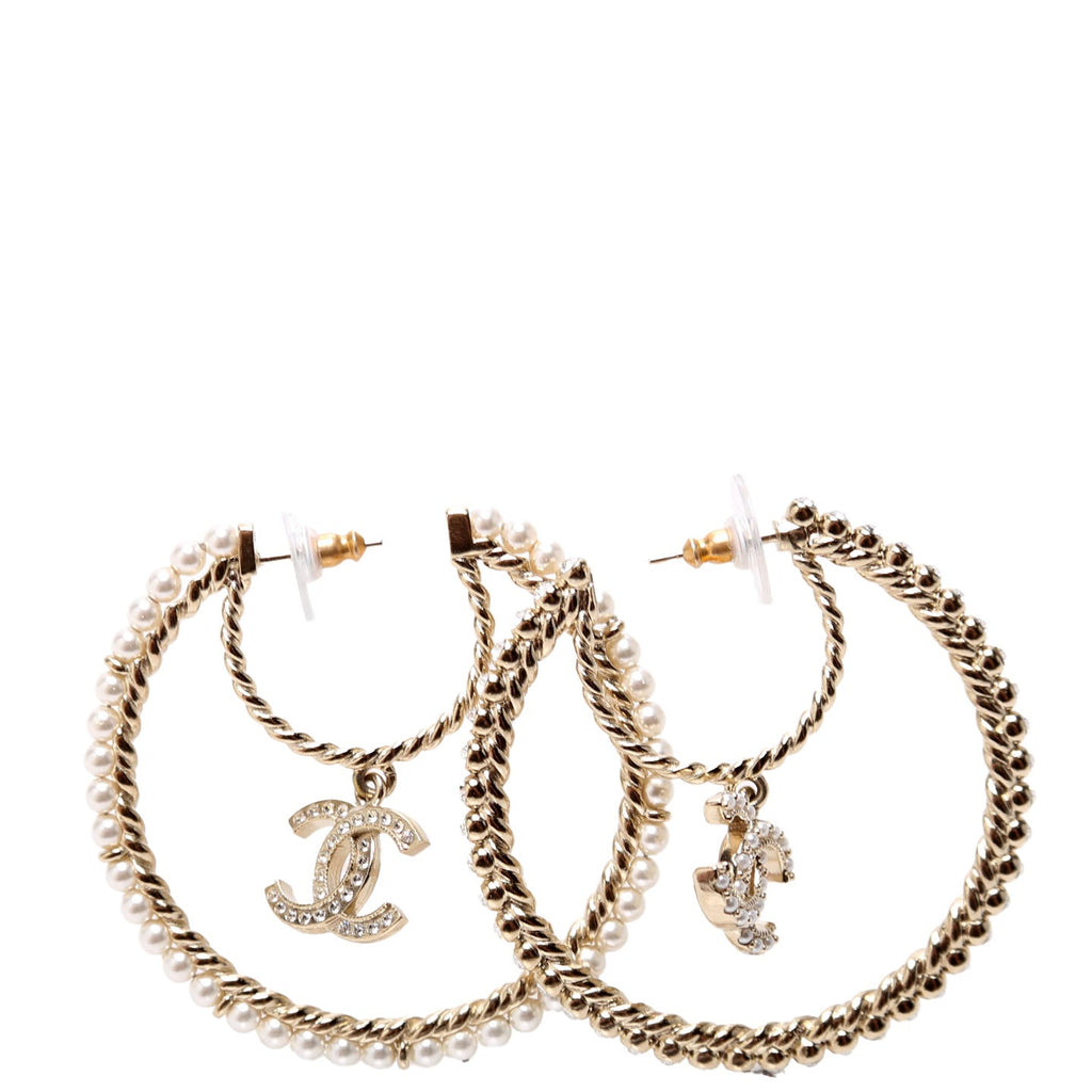 Crystal CC Drop Pearl Hoop Earrings Champagne/Pearl