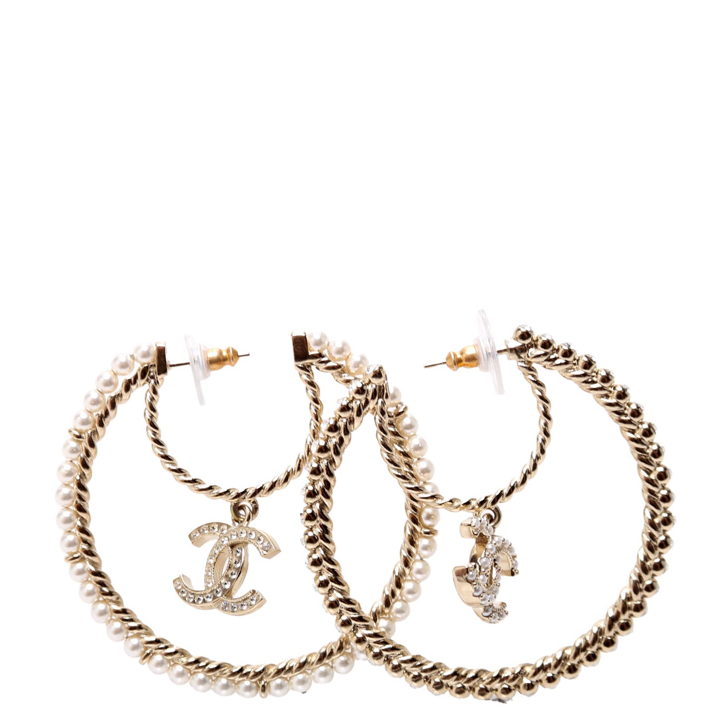 Crystal CC Drop Pearl Hoop Earrings Champagne/Pearl