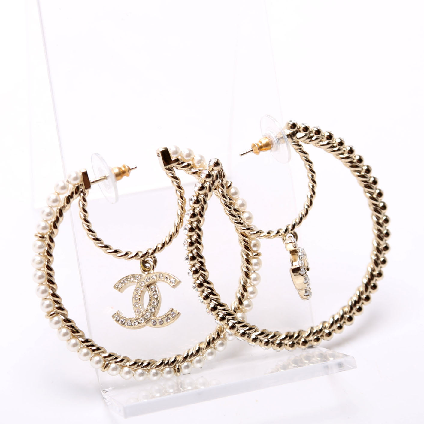 Crystal CC Drop Pearl Hoop Earrings Champagne/Pearl