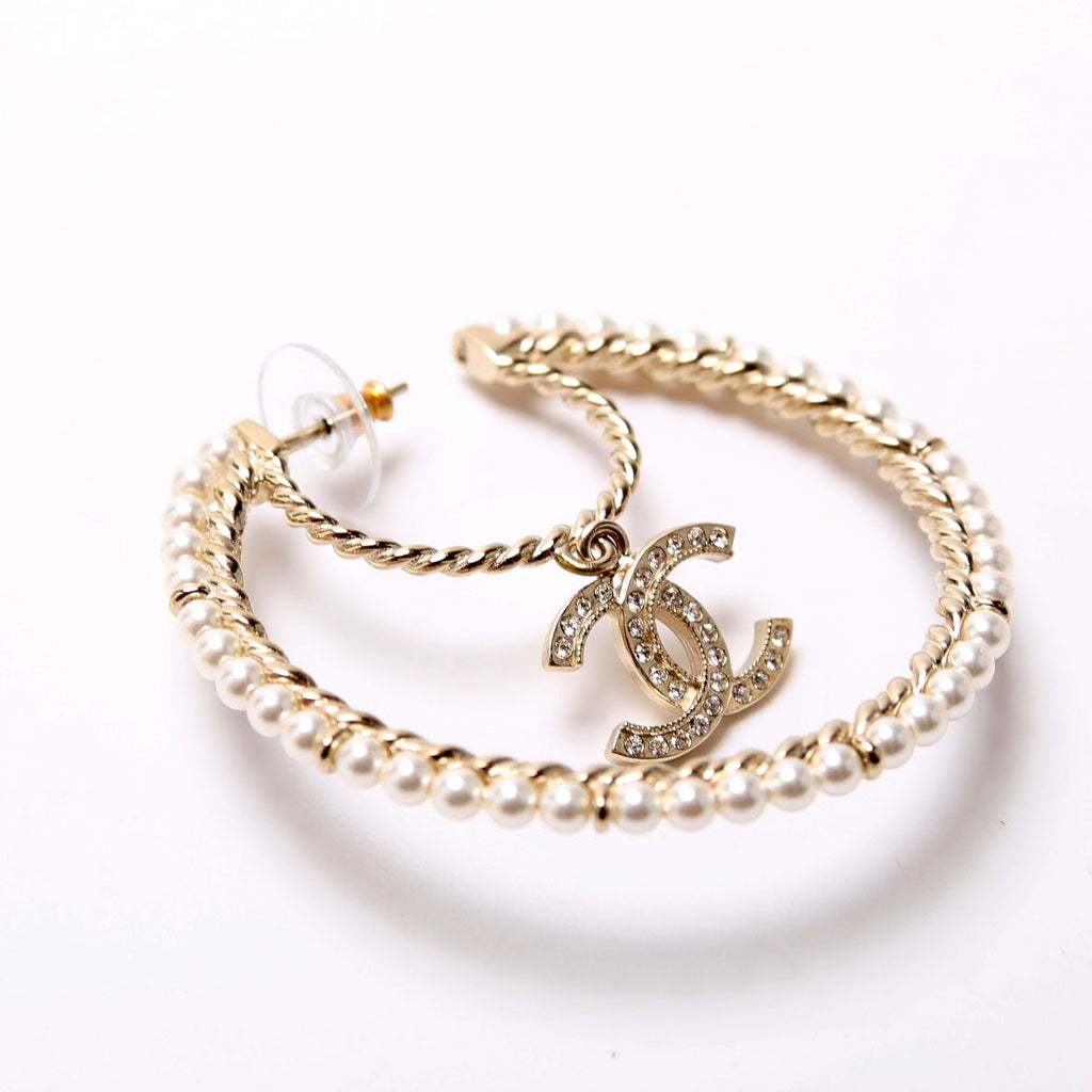 Crystal CC Drop Pearl Hoop Earrings Champagne/Pearl