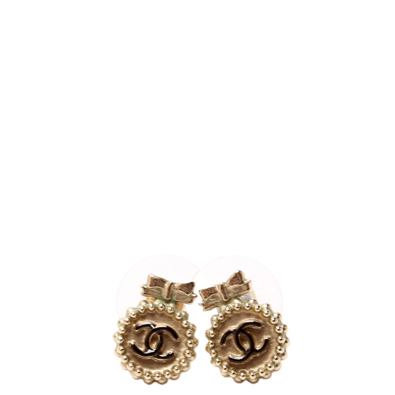 CC Bow Round Stud Earrings Gold/Black