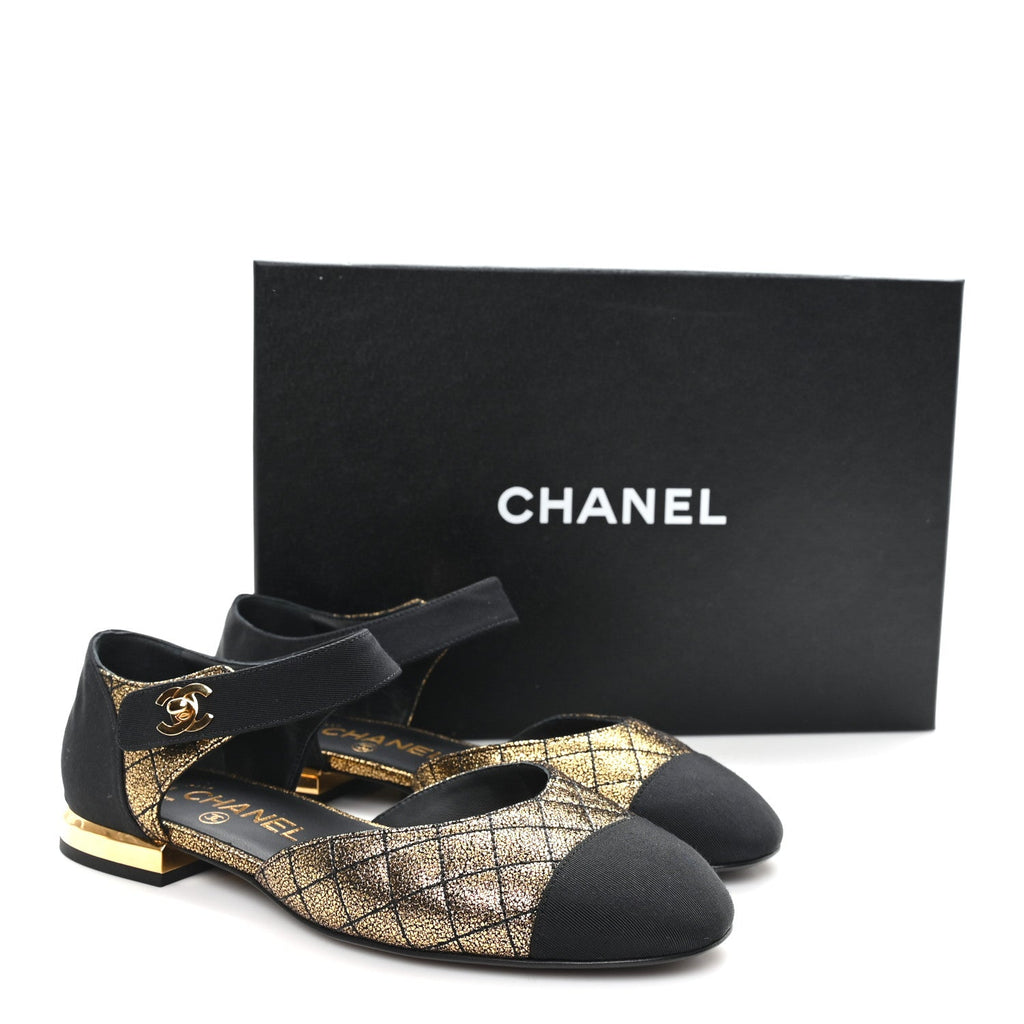 Laminated Suede Kidskin Grosgrain Quilted Cap Toe Ballerina Flats 36.5 Gold Black