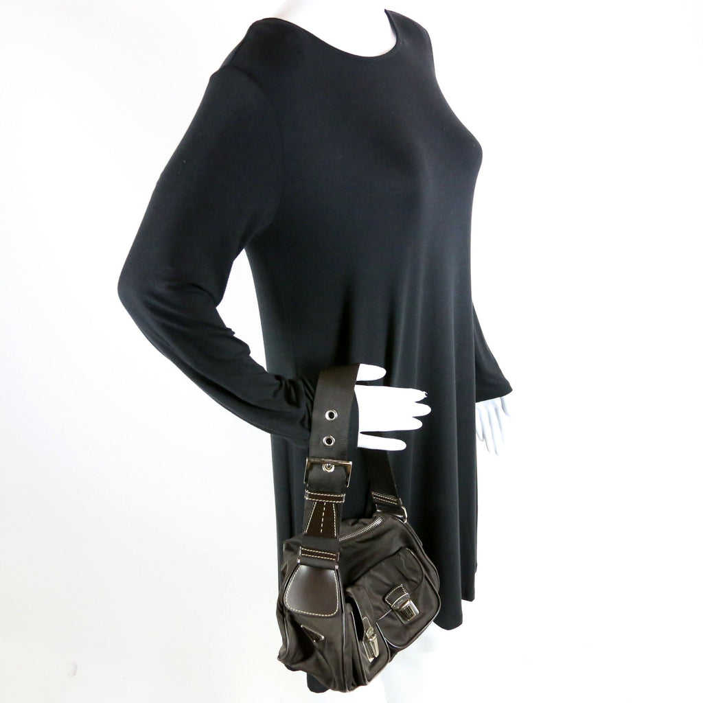 Nylon Double Pocket Shoulder Bag Vintage Brown