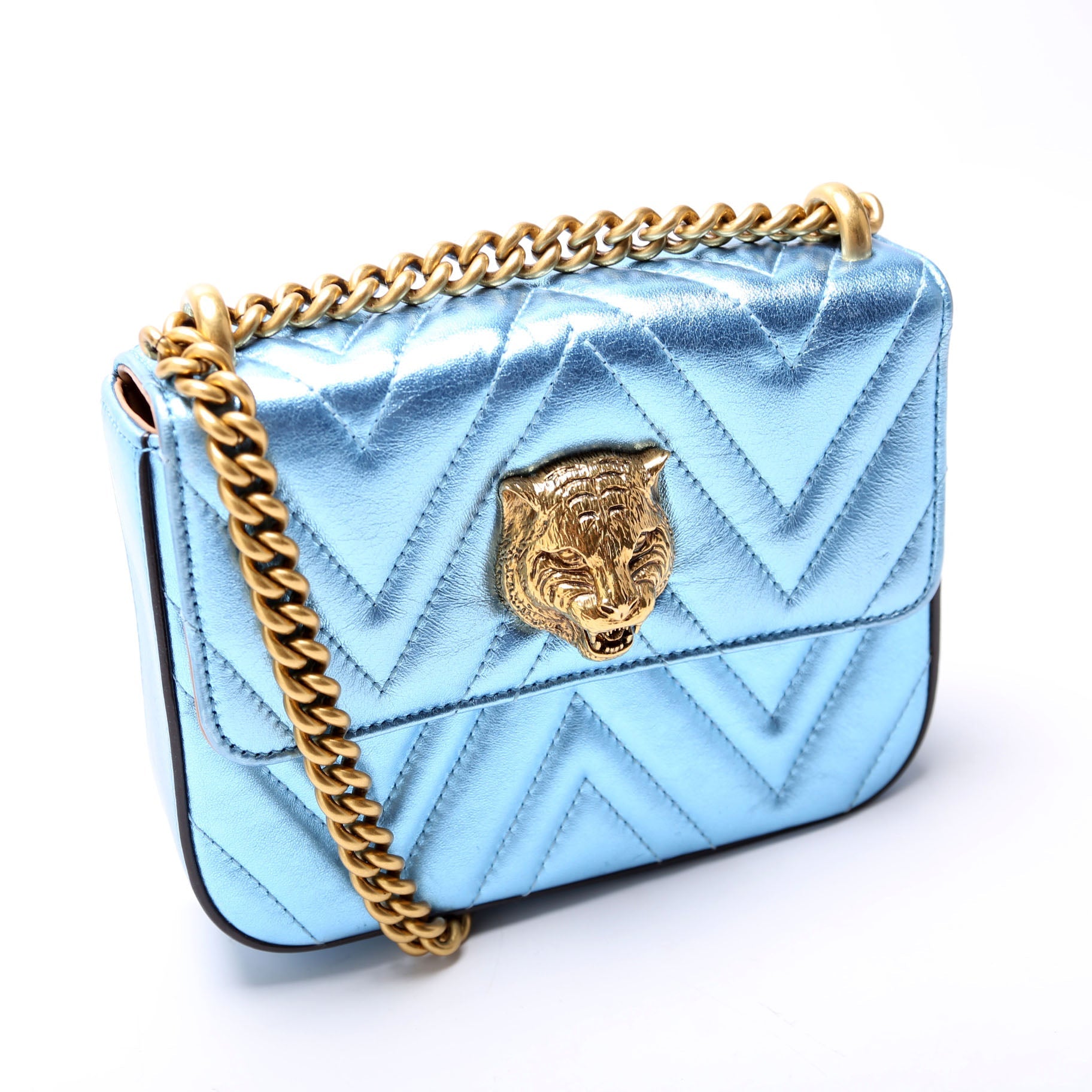 Gucci 432581 Broadway Metalic Matelasse Shoulder Bag Blue