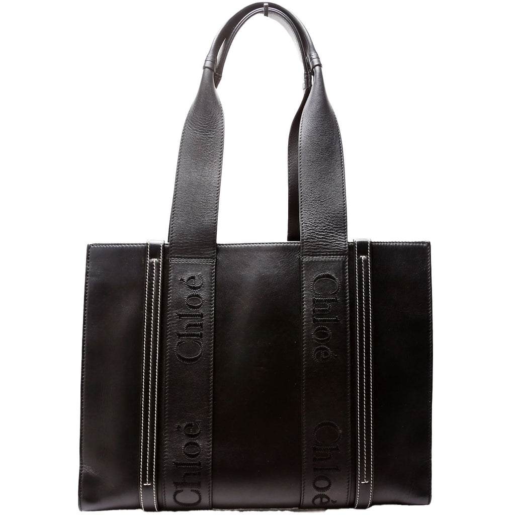 Woody Medium Leather Tote Black