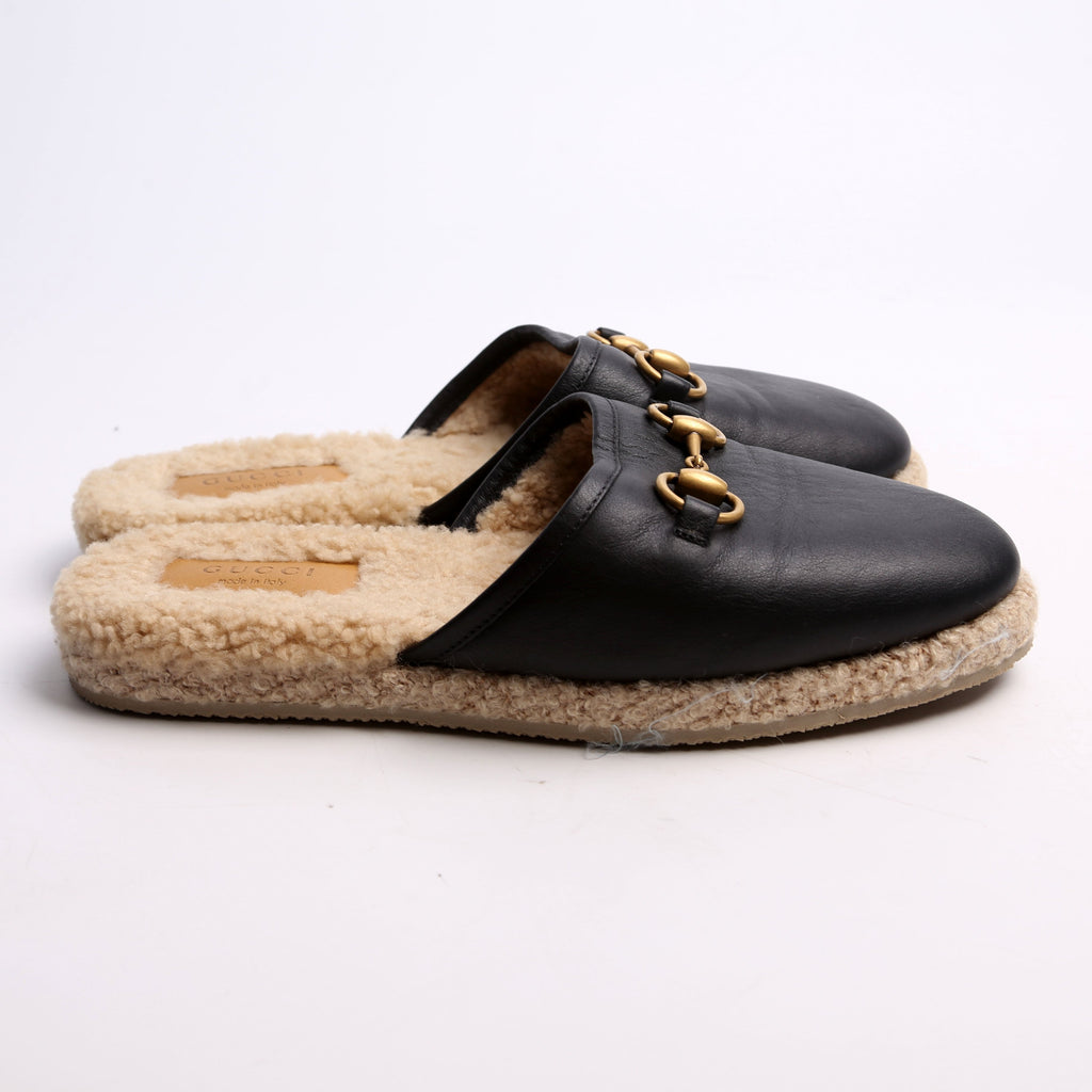 Gucci Fria Horsebit Shearling Mules Size 37.5 Black