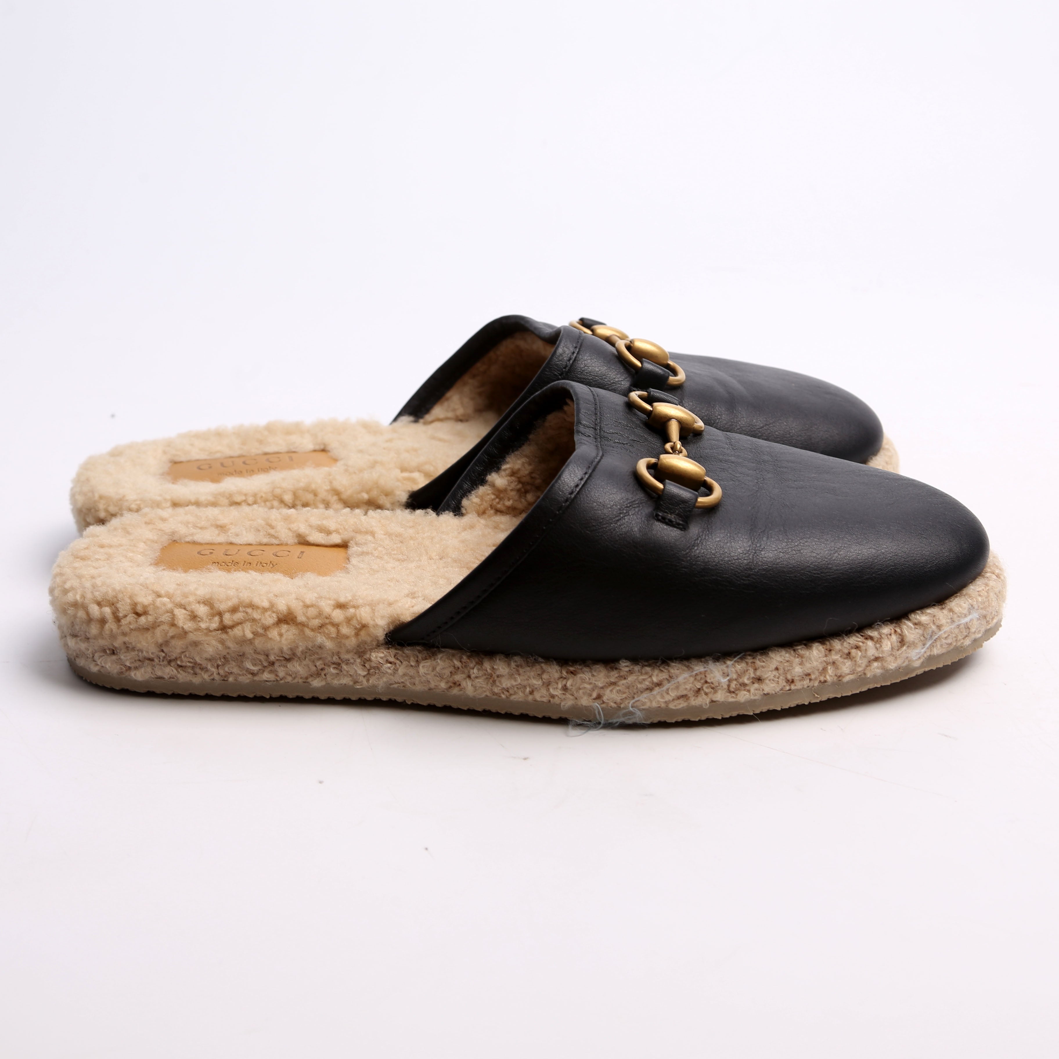 Gucci Fria Horsebit Shearling Mules Size 37.5 Black