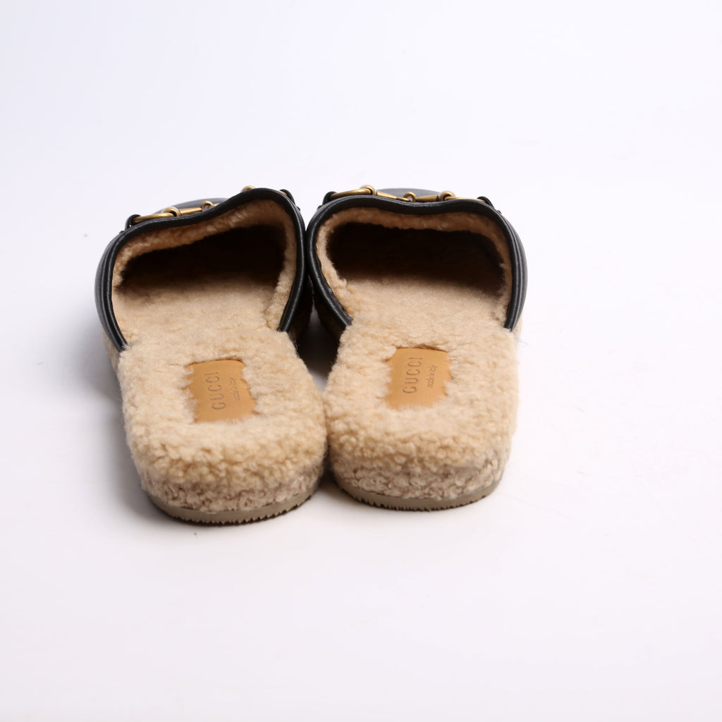 Gucci Fria Horsebit Shearling Mules Size 37.5 Black
