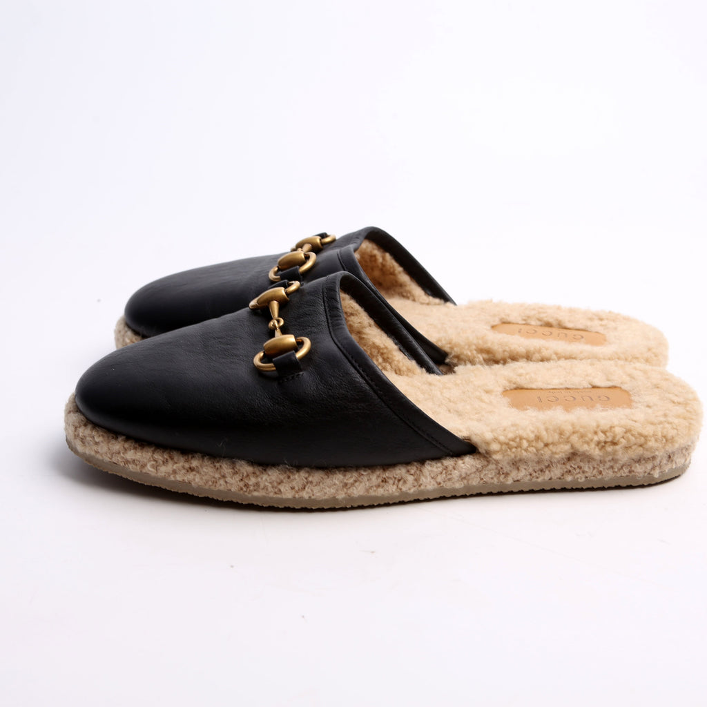 Gucci Fria Horsebit Shearling Mules Size 37.5 Black