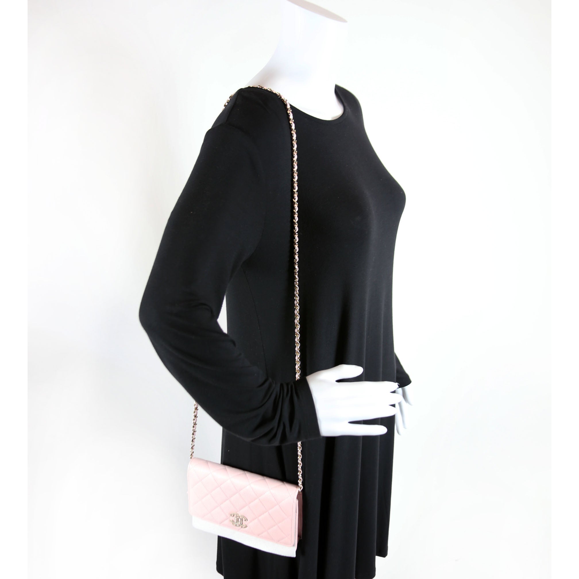 Wallet On Chain Crystal CC Quilted Caviar RFID