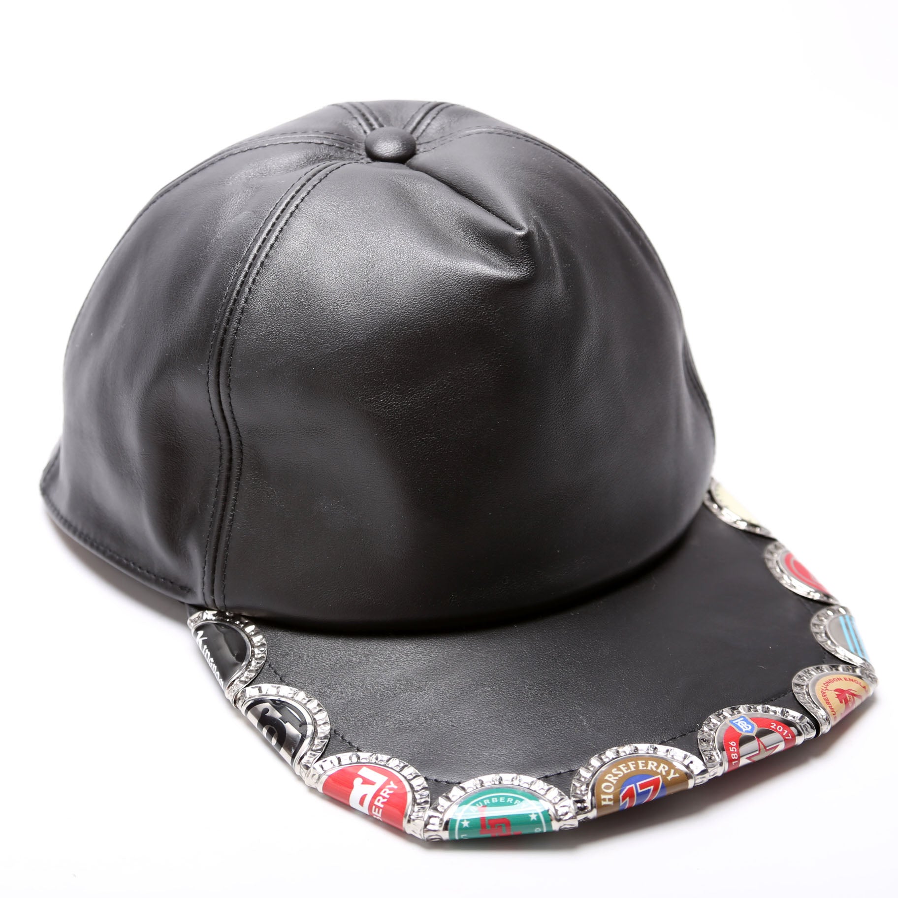Bottle Cap Detail Leather Snapback Size L