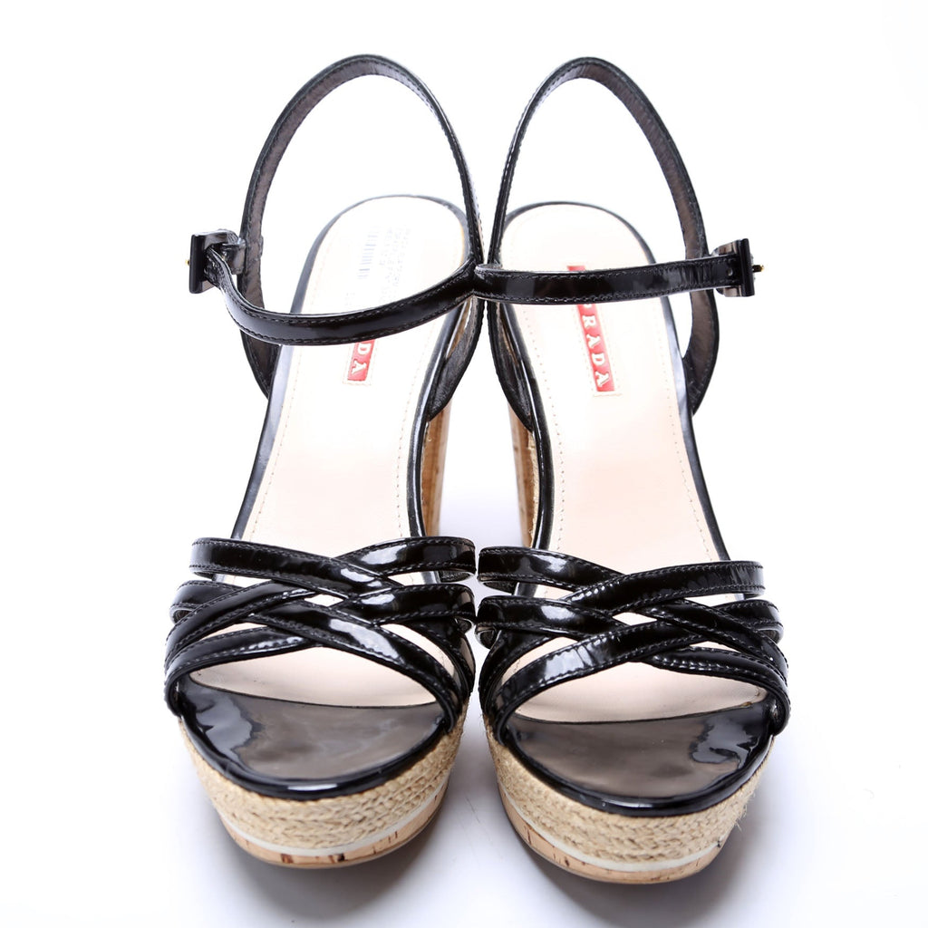 Platform Cork Espadrille Patent Sandal Heels Size 38 Black