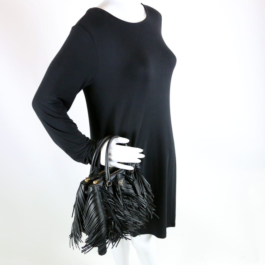 1BA896 Leather Fringe Galleria Small Black
