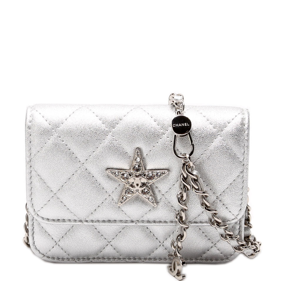 Star Flap Quilted Goatskin Belt Bag RFID Silver