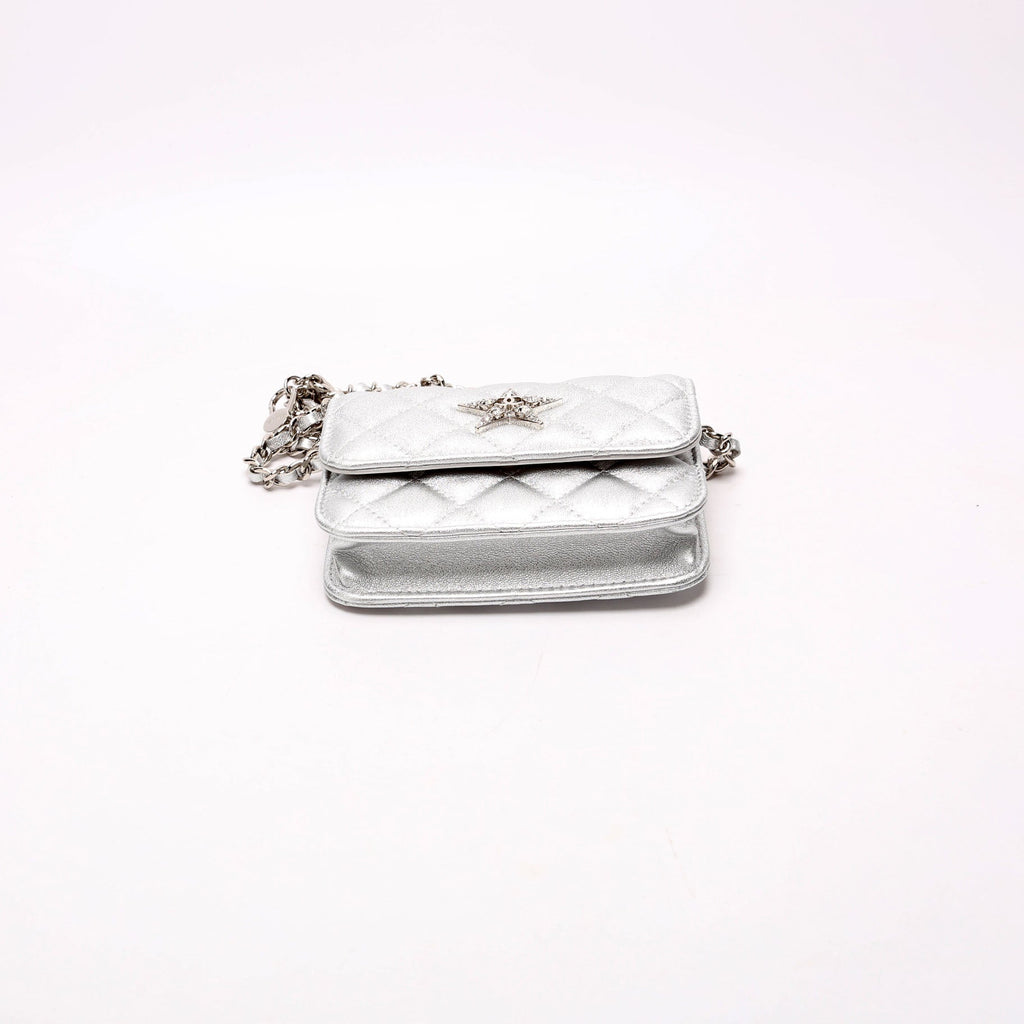 Star Flap Quilted Goatskin Belt Bag RFID Silver