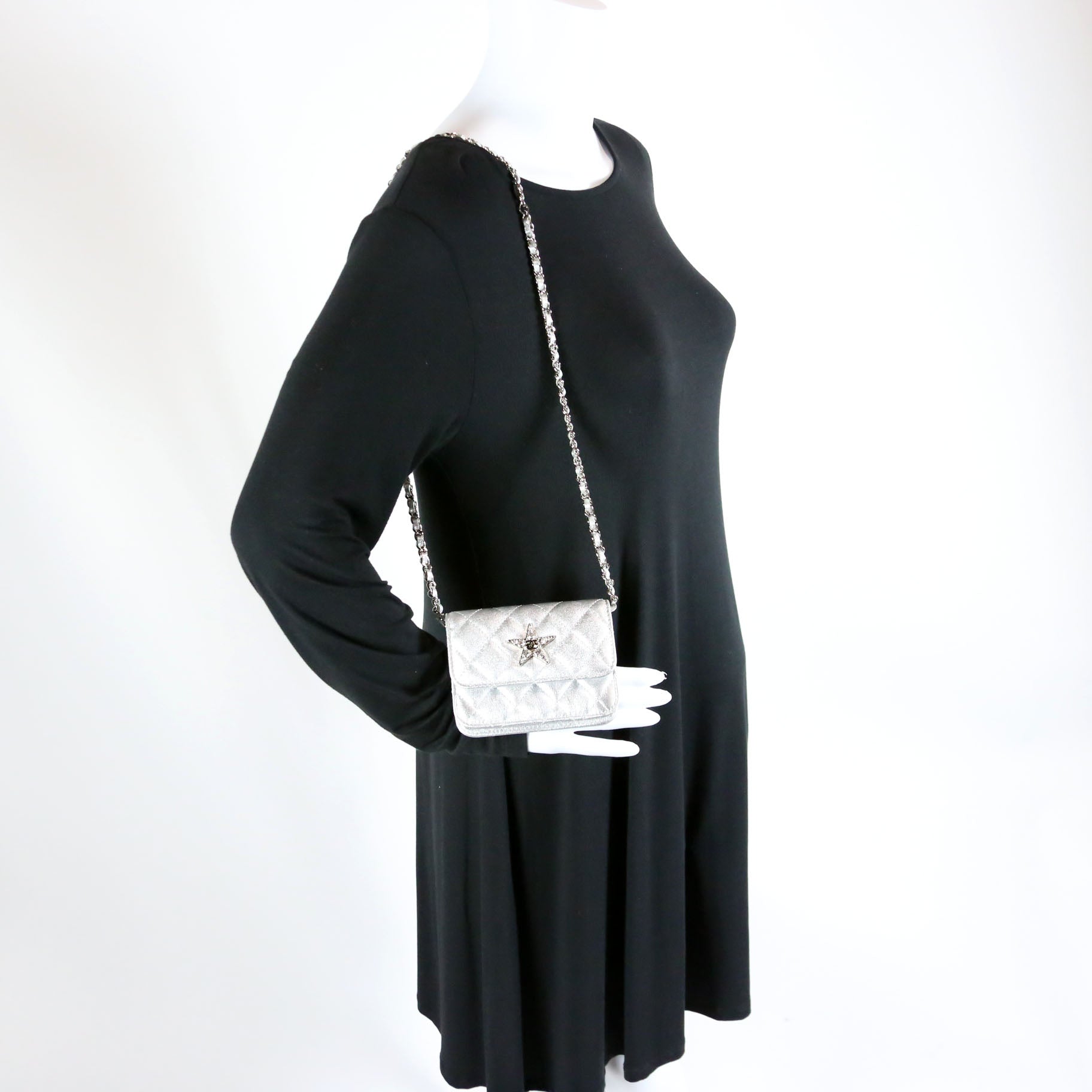 Star Flap Quilted Goatskin Belt Bag RFID Silver