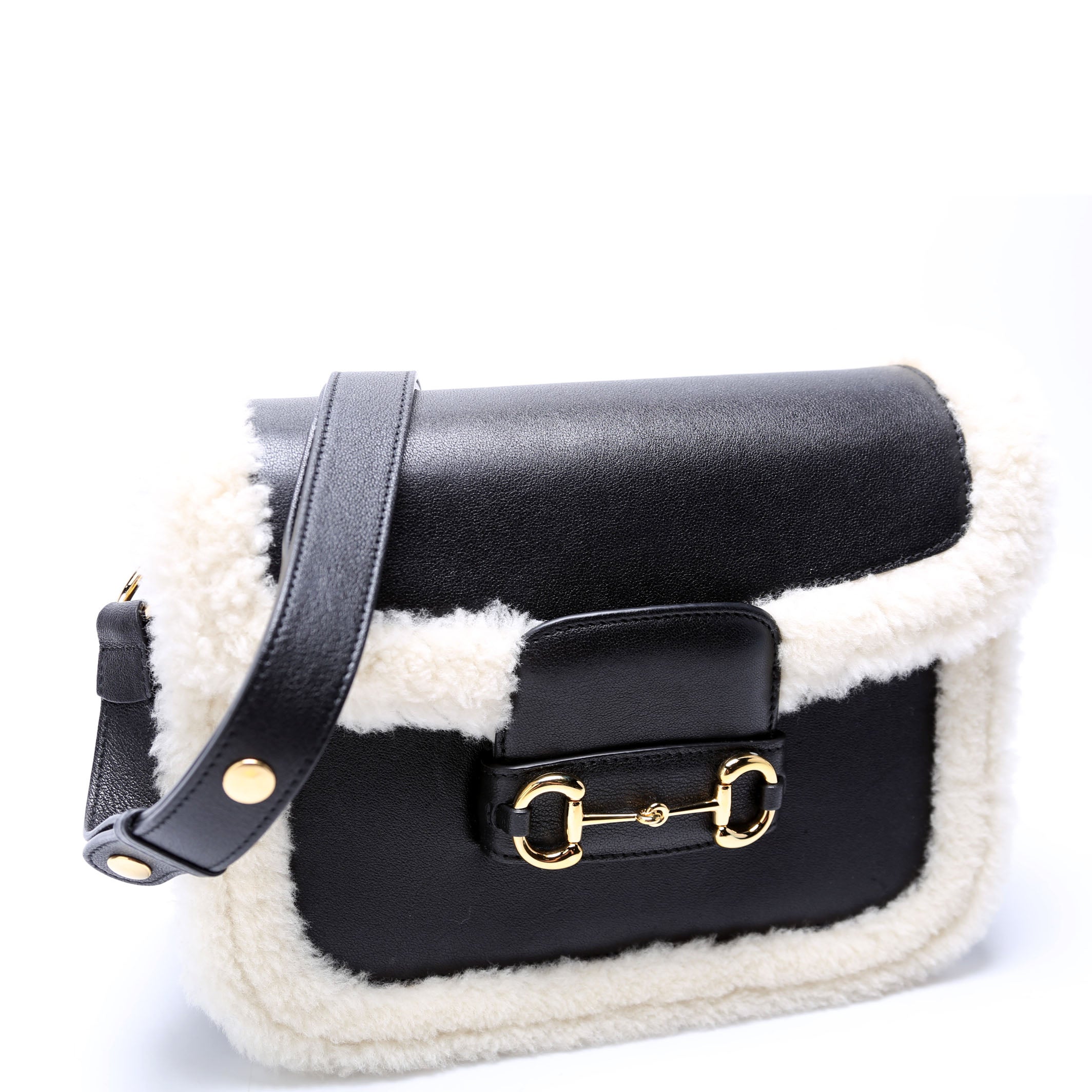 602204 Horsebit 1955 Shearling Leather Shoulder Bag Black