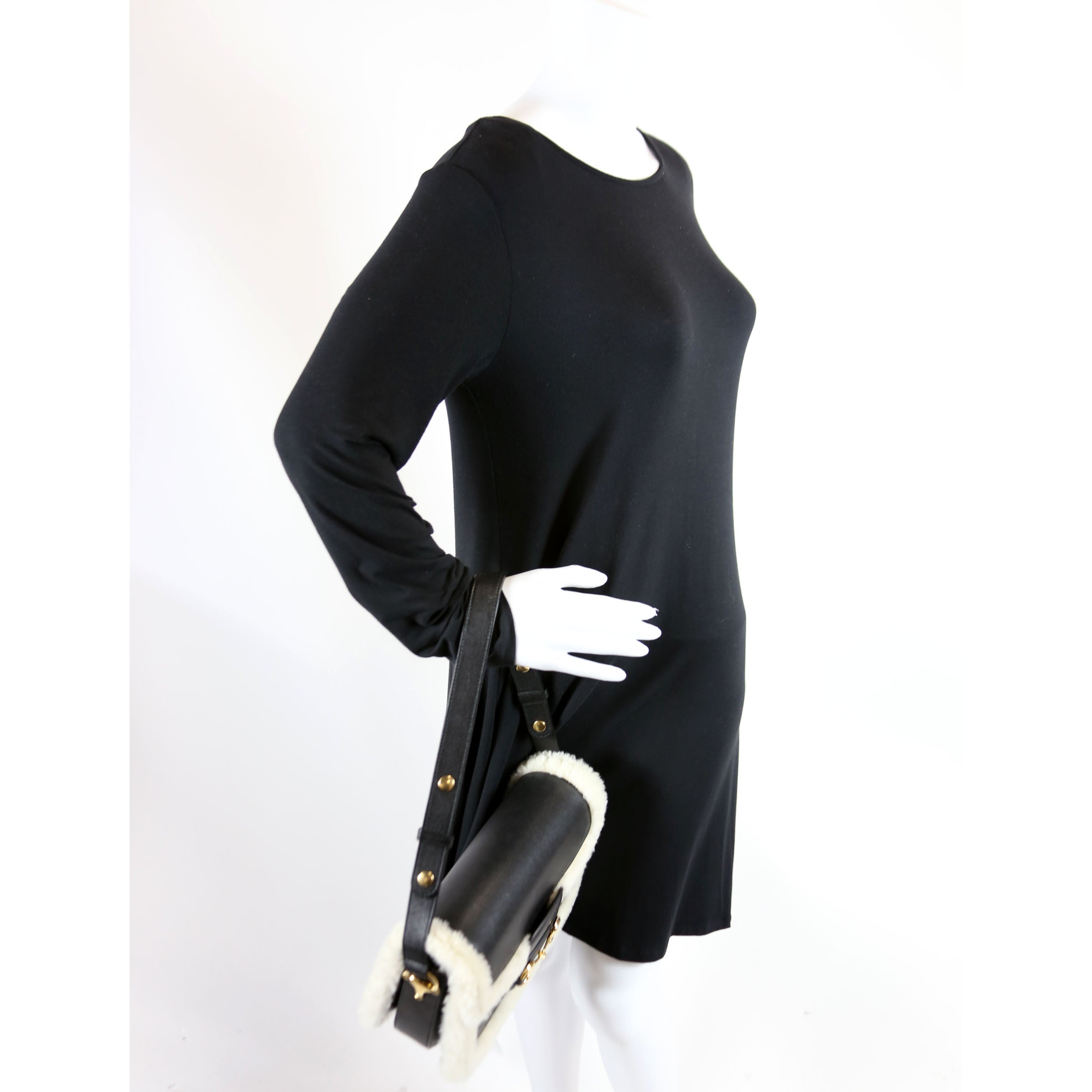 602204 Horsebit 1955 Shearling Leather Shoulder Bag Black