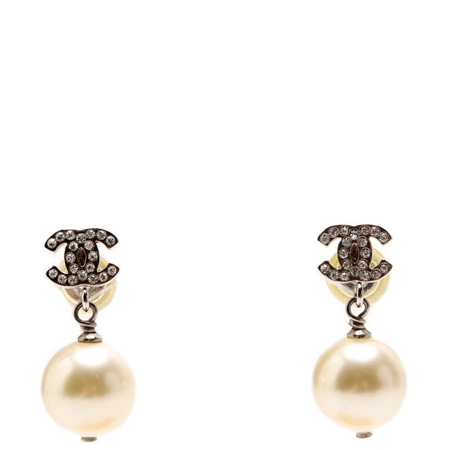 Crystal CC Pearl Drop Earrings Silver