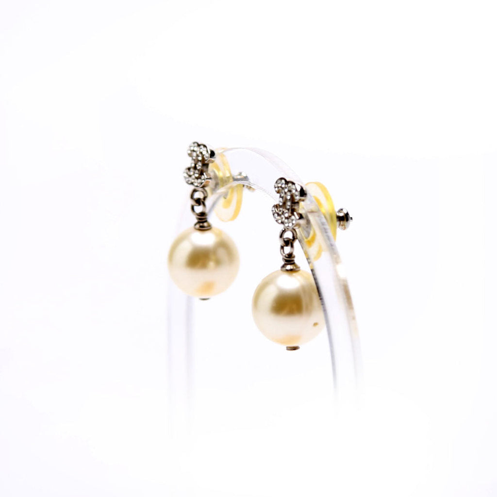 Crystal CC Pearl Drop Earrings Silver